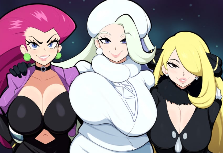 3girls ai_generated alternate_costume blonde_hair cleavage cynthia_(pokemon) gym_leader huge_breasts jessica_rabbit large_breasts lipstick long_hair looking_at_viewer mature_female melony_(pokemon) milf mullon multiple_girls novelai pink_hair pokemon pokemon_champion pokemon_dppt pokemon_journeys pokemon_ss seductive seductive_look team_rocket thick_lips trio white_hair