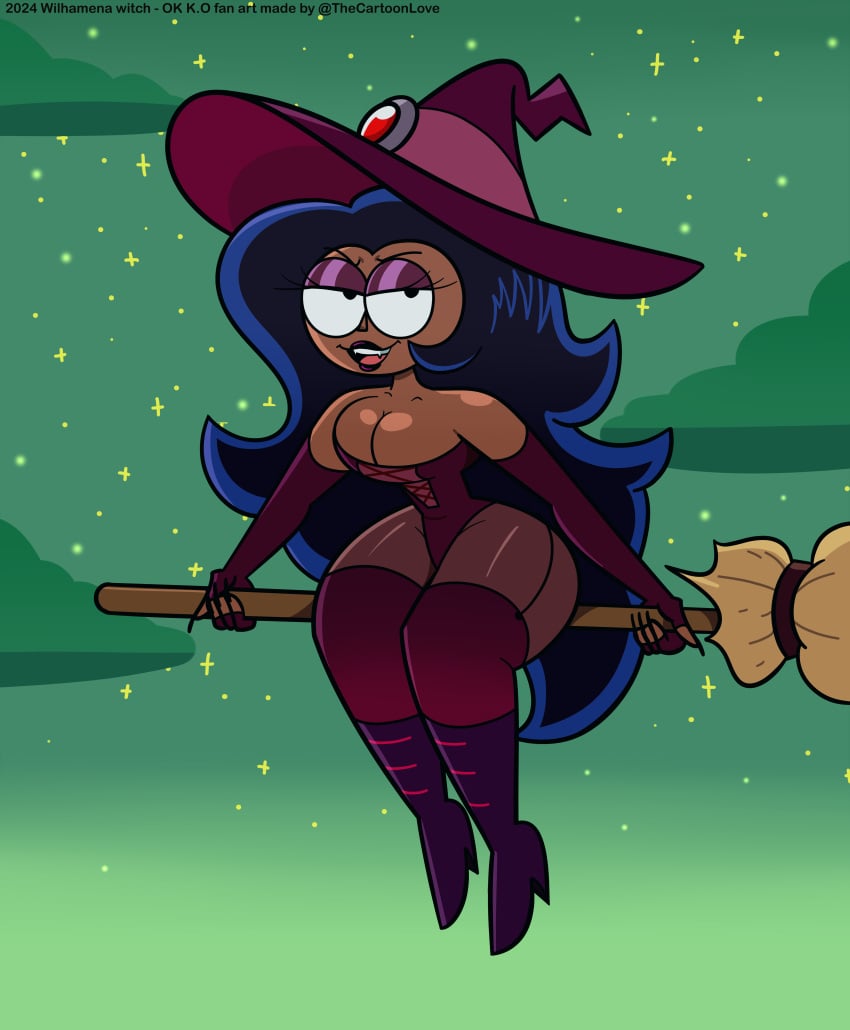 big_breasts big_eyes broom broom_riding brown_skin cartoon_network clothed clothing large_hair looking_at_viewer mature_female milf ok_k.o.!_let&#039;s_be_heroes open_mouth showing_teeth smile the_cartoon_love thick_ass thick_thighs vampire wilhamena witch witch_costume witch_hat