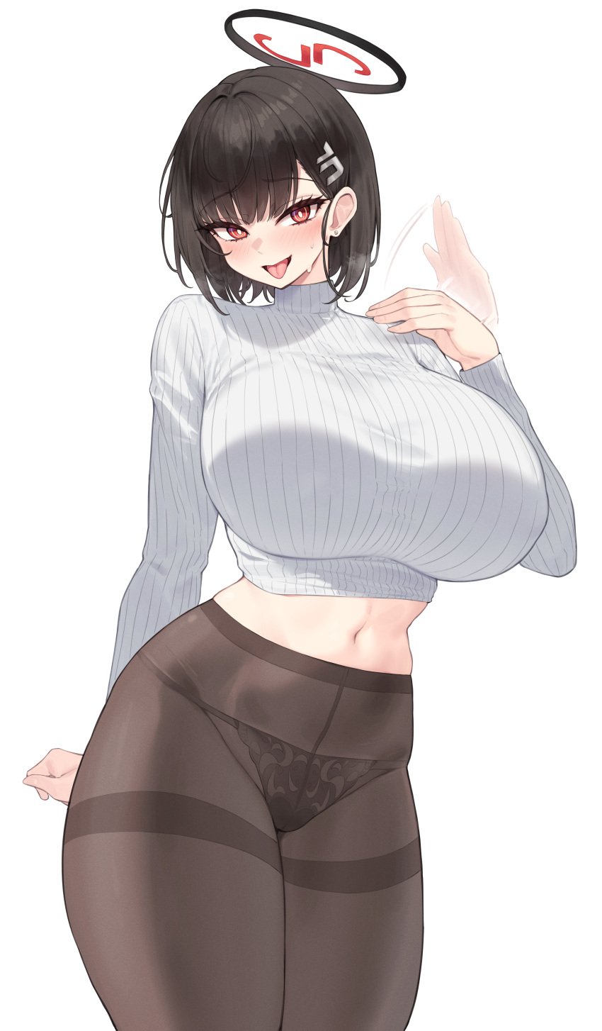 1girls alternate_hairstyle black_hair blue_archive breasts female hi_res hips huge_breasts kuavera light-skinned_female light_skin red_eyes rio_(blue_archive) short_hair thick_thighs thighs wide_hips