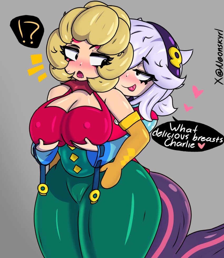 2girls blonde_hair brawl_stars charlie_(brawl_stars) colette_(brawl_stars) huge_breasts short_hair surprised thick_thighs tongue_out touching_breast white_hair yuri