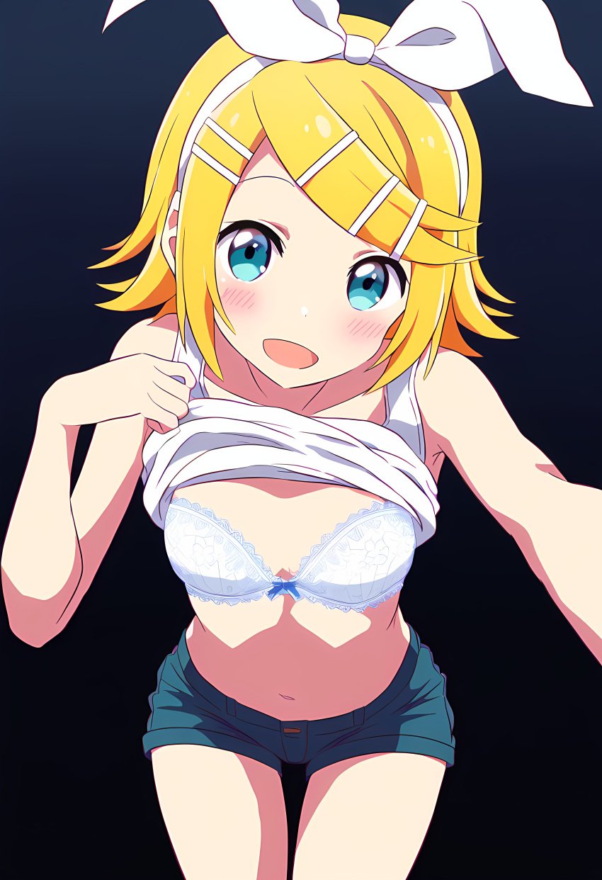 :d ai_generated bangs bare_shoulders blonde_hair blue_eyes blush bow bow_bra bra breasts eyebrows_visible_through_hair female hair_ornament hairbow hairclip kagamine_rin leaning_forward looking_at_viewer navel open_mouth shirt shirt_lift short_hair short_shorts shorts sleeveless sleeveless_shirt smile solo stomach thigh_gap underwear white_bow white_bra white_shirt