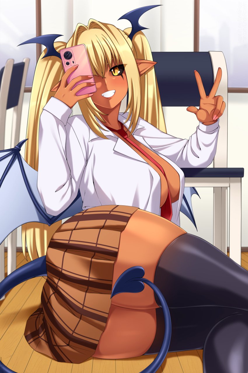 1girls black_sclera blonde_hair dark-skinned_female dark_skin emma_(monster_musume) gyaru large_breasts lindaroze monster_musume_no_iru_nichijou necktie necktie_between_breasts no_bra open_shirt plaid plaid_skirt pointy_ears red_necktie red_neckwear school_uniform schoolgirl_uniform shirt_unbuttoned skirt smile stockings succubus succubus_tail succubus_wings tagme tail thighhighs yellow_eyes