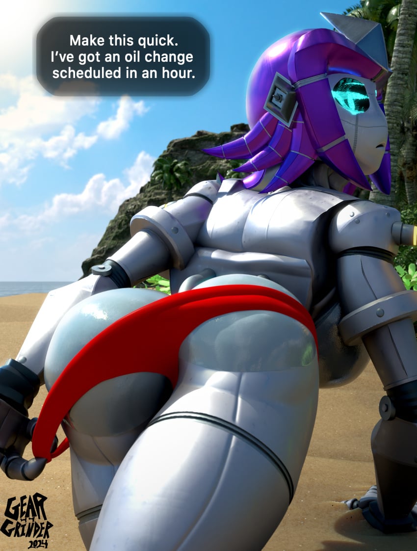 3d 3d_(artwork) ass backboob beach big_ass big_breasts bikini bikini_bottom blender blender_cycles blue_eyes dialogue female geargrinder44 hips holographic_eyes humanoid looking_at_viewer looking_back metallic_body pulling_clothing pulling_pants_down purple_hair robot robot_girl robotic sand shiny shiny_ass shiny_butt shiny_skin speaking_to_viewer thighs victoria_(geargrinder44)