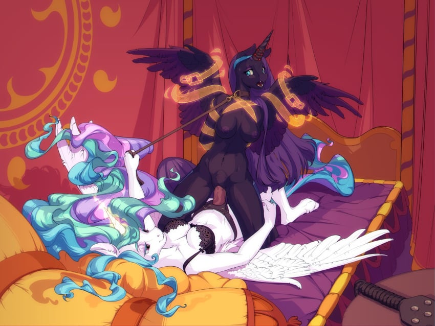 anthro bedroom bondage bound breasts duo female female/female friendship_is_magic gor1ck hasbro hi_res horn leash my_little_pony nyx_(mlp) princess_celestia_(mlp) punishment roleplay strapon