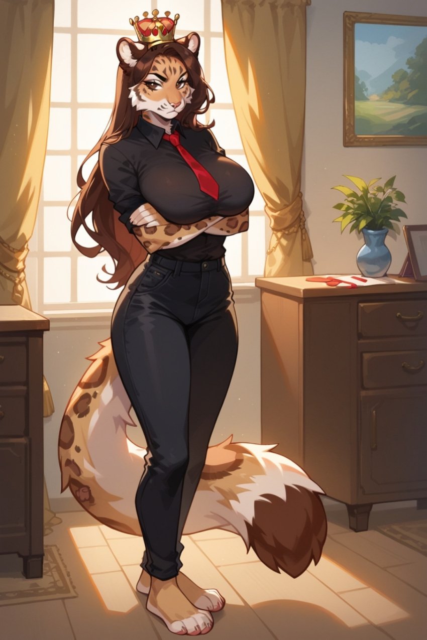 ai_generated among_us big_breasts bother brown_body brown_eyes brown_fur brown_hair crown elizabeth_mendoza felid feline female furry furry_female heart_symbol leopard long_hair pants seductive shirt snow_leopard tail tie