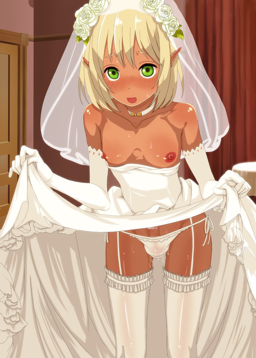 1boy androgynous areola balls_in_panties blush bride bride_gown bulge censored crossdressing dark-skinned_femboy dark-skinned_male dark_skin dress_lift elbow_gloves elf erect_nipples femboy femboy_bride garter_straps gloves green_eyes hair_flower male male_bride nipples panties papaya_milk penis penis_under_dress pointy_ears skirt_lift solo stockings sweat testicles thighhighs trap trap_bride wedding_dress wedding_veil white_legwear