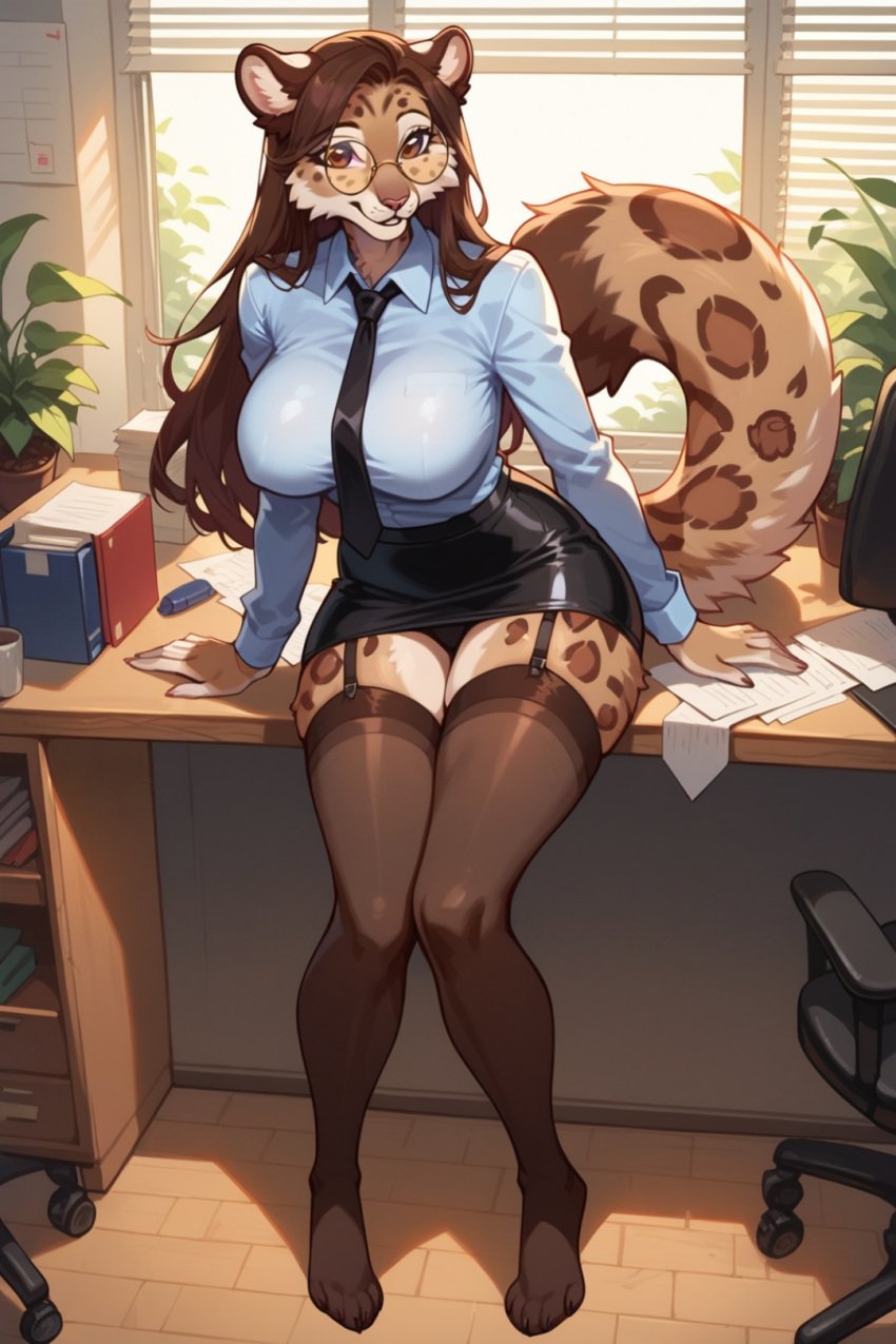 ai_generated among_us big_breasts brown_body brown_eyes brown_fur brown_hair elizabeth_mendoza felid feline female furry furry_female glasses heart_symbol leopard long_hair long_socks office office_lady secretary seduction seductive seductive_body seductive_eyes seductive_look seductive_mouth seductive_pose shirt skirt snow_leopard tail tie