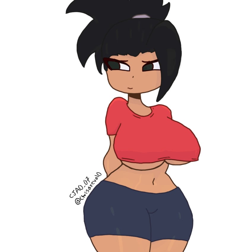 belt black_hair cjao_07 dark_skin dragon_ball dragon_ball_super gigantic_ass gigantic_breasts green_eyes kale ponytail shorts shy t-shirt toei_animation