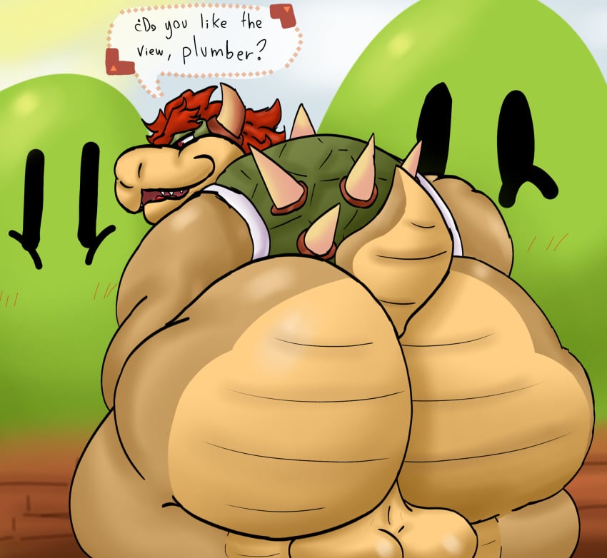 1boy anthro ass balls big_butt bowser fat_ass furry furry_only genitals hair hi_res koopa male mario_(series) nintendo nude nude_male open_mouth red_eyes scalie slightly_chubby slightly_chubby_anthro slightly_chubby_male solo tail text ugly-rat15508