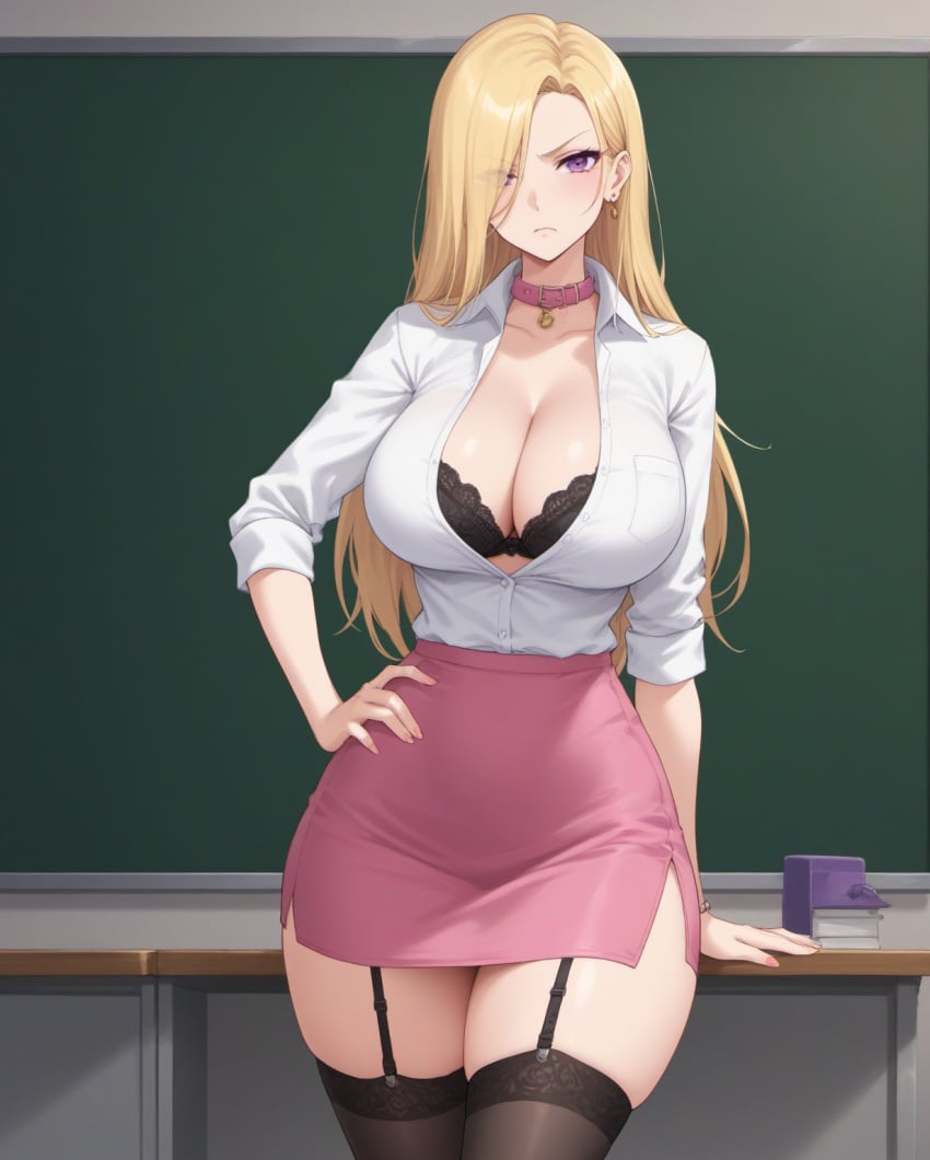 1woman after_classes after_school ai_generated angry_expression big_breasts bitch bitch_collar bitchy black_bra black_legwear black_lingerie black_thigh_highs black_thighhighs blonde_hair classroom cleavage confident_female curvaceous curvy_hips dog_collar dominant_female female_teacher garter_straps hair_covering_eye hair_covering_one_eye hand_on_hip hourglass_figure kuro_inazuma large_breasts lingerie long_hair mature_female mean_look mini_skirt miniskirt navel office_clothing office_lady owned_bitch parted_bangs pencil_skirt pink_dog_collar purple_eyes scantily_clad secretary straight_hair teacher thigh_high_stockings thigh_highs thighhighs voluptuous voluptuous_female white_shirt wide_hips