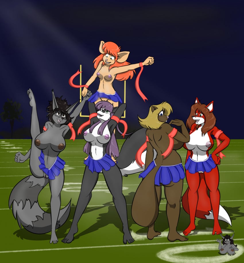 2023 anthro ass barely_visible_genitalia barely_visible_pussy beaver beverly_(sailoranna) big_breasts black_hair blonde_hair blue_eyes breast_size_difference breasts brown_body brown_eyes brown_hair brown_nipples canid canine dipstick_tail female football_field fox fur genitals green_eyes grey_body group hair hand_on_hip hi_res mammal markings mary_(sailoranna) mephitid mouse multicolored_body murid murine navel night nipples on_one_leg open_mouth open_smile orange_hair outside pink_nipples procyonid purple_hair pussy raccoon red_body red_fur ring_(marking) ringed_tail rodent sailoranna shaved_pussy size_difference skirt_only skunk slightly_chubby smile standing striped_markings striped_tail stripes tail tail_markings tan_body tina_(sailoranna) tracy_(sailoranna) two_tone_body violet_(sailoranna)