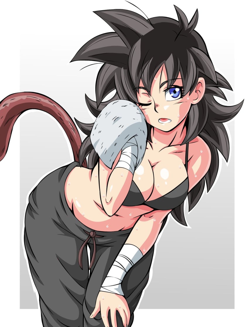 1girls bandage belly bent_over black_hair black_pants blue_eyes bra breasts character_request clothed dragon_ball dragon_ball_xenoverse dragon_ball_z fan_character female female_only female_saiyan lewdamone long_hair looking_at_viewer navel oc one_eye_closed open_mouth original_character pants saiyan saiyan_tail spiky_hair sportswear sweat sweatdrop sweatpants tail thigh_gap wet white_background wide_hips