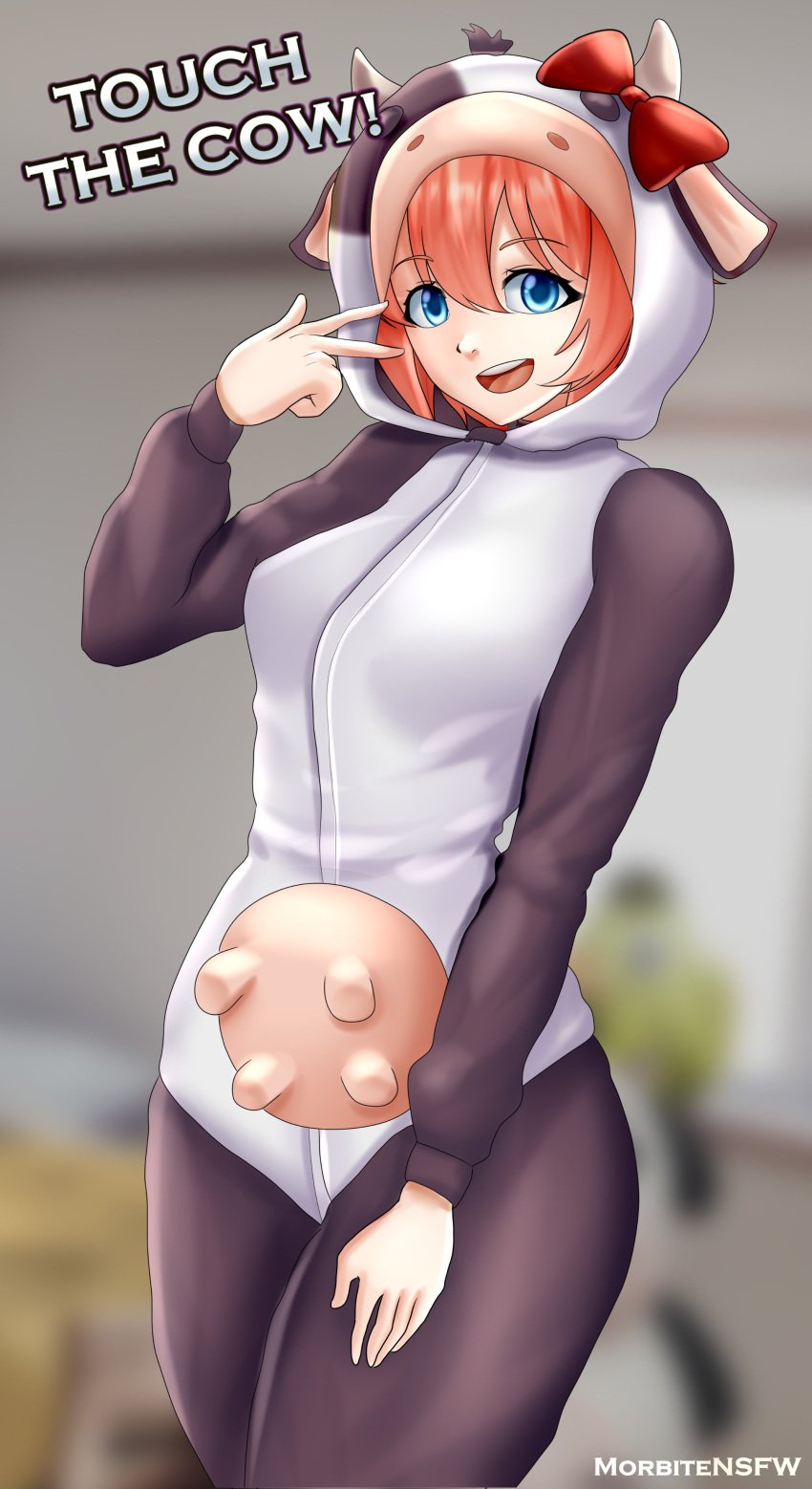 1female 1girls 5_fingers artist_name asking_for_it blue_eyes boobs bow breasts cow_onesie cow_udder doki_doki_literature_club english_text female_focus hair_bow hairbow morbite mouth_open onesie open_mouth pajamas red_bow red_hair_bow red_hairbow sayori_(doki_doki_literature_club) strawberry_blonde_hair text twitter_username udder