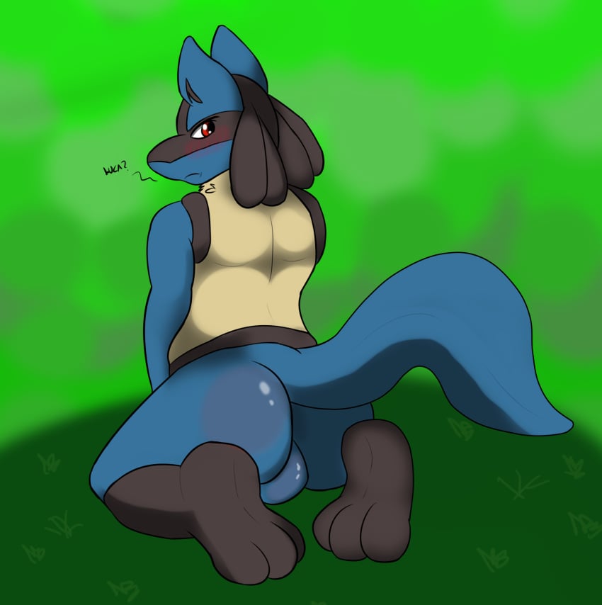 1boy 2015 anthro ass backsack balls blue_fur blush canine fur grass green_background kneeling looking_at_viewer looking_back lucario male male_only mammal nintendo plain_background pokemon pokemon_(species) red_eyes solo video_games wellek