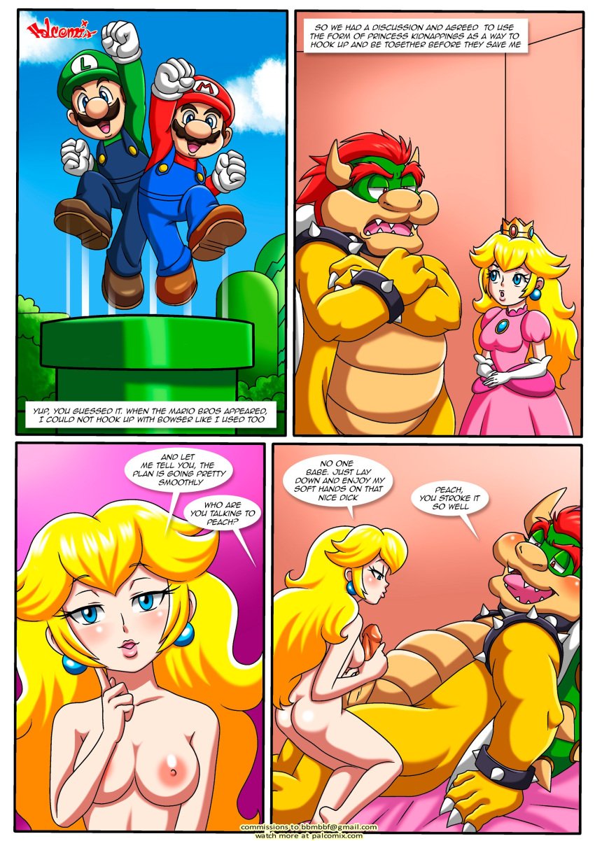 1girls 3boys 4th_wall_breaking ass bbmbbf blush bowser breaking_the_fourth_wall breasts comic dragon female fourth_wall_broken handjob luigi male male/female mario mario_(series) masturbation nintendo nipples nude palcomix penis princess_peach pussy sex speaking_to_viewer speech_bubble the_mushroom_kingdom_secret_(comic) turtle