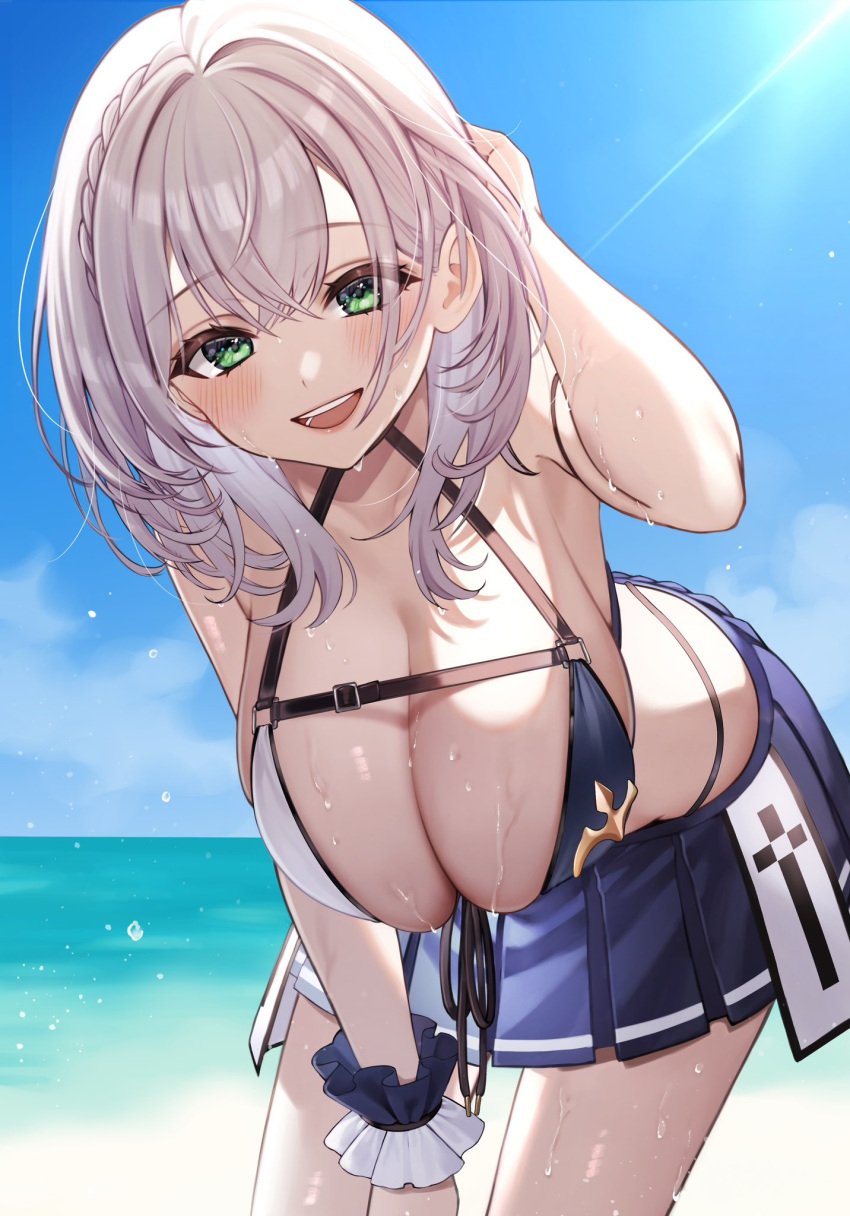 alternate_costume beach bikini blue_skirt braid breast_strap breasts cleavage commentary_request double-parted_bangs fanged_bangs female french_braid front-tie_bikini_top front-tie_top green_eyes grey_hair halterneck hanging_breasts highres hololive large_breasts leaning_forward lens_flare looking_at_viewer medium_hair ocean open_mouth outdoors parted_hair pleated_skirt shirogane_noel shirogane_noel_(summer_2020) skirt smile solo swimsuit toramaru_(toramal9831) tucking_hair two-tone_bikini virtual_youtuber wavy_hair