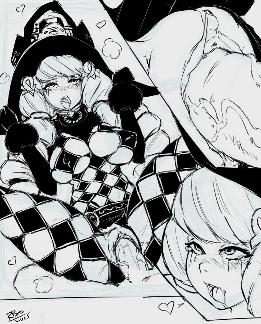 ahe_gao breasts checkered clothing crying crying_with_eyes_open drooling female fiore_brunelli fucked_silly hat highres large_breasts monochrome open_mouth penis pussy randomboobguy rolling_eyes sex sketch solo_focus star_ocean star_ocean_integrity_and_faithlessness tongue tongue_out underboob vaginal_penetration witch_hat