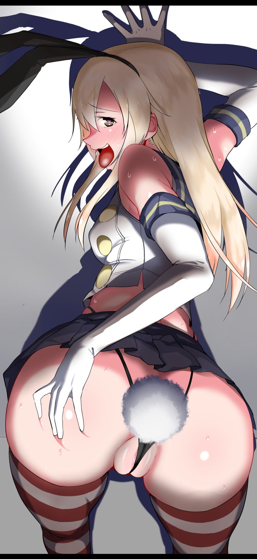 absurdres amano_don ass ass_grab blonde_hair blush brown_eyes bunny_tail buttplug buttplug_tail elbow_gloves female gloves heart heart-shaped_pupils highres kantai_collection long_hair looking_at_viewer looking_back naughty_face partially_visible_vulva pov_ass shimakaze_(kantai_collection) solo symbol-shaped_pupils tail tongue