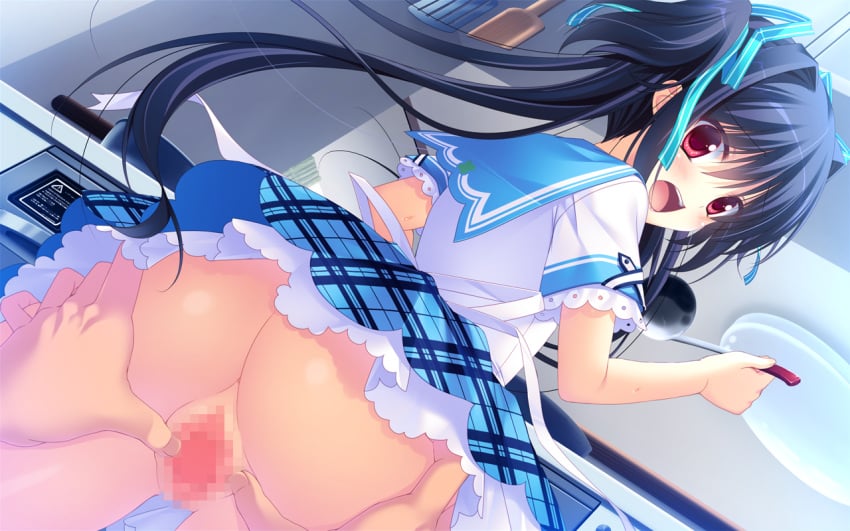 black_hair censored game_cg hatori_piyoko kazaura_shiho koisuru_shimai_no_sextet long_hair no_panties peassoft red_eyes seifuku skirt spread_pussy