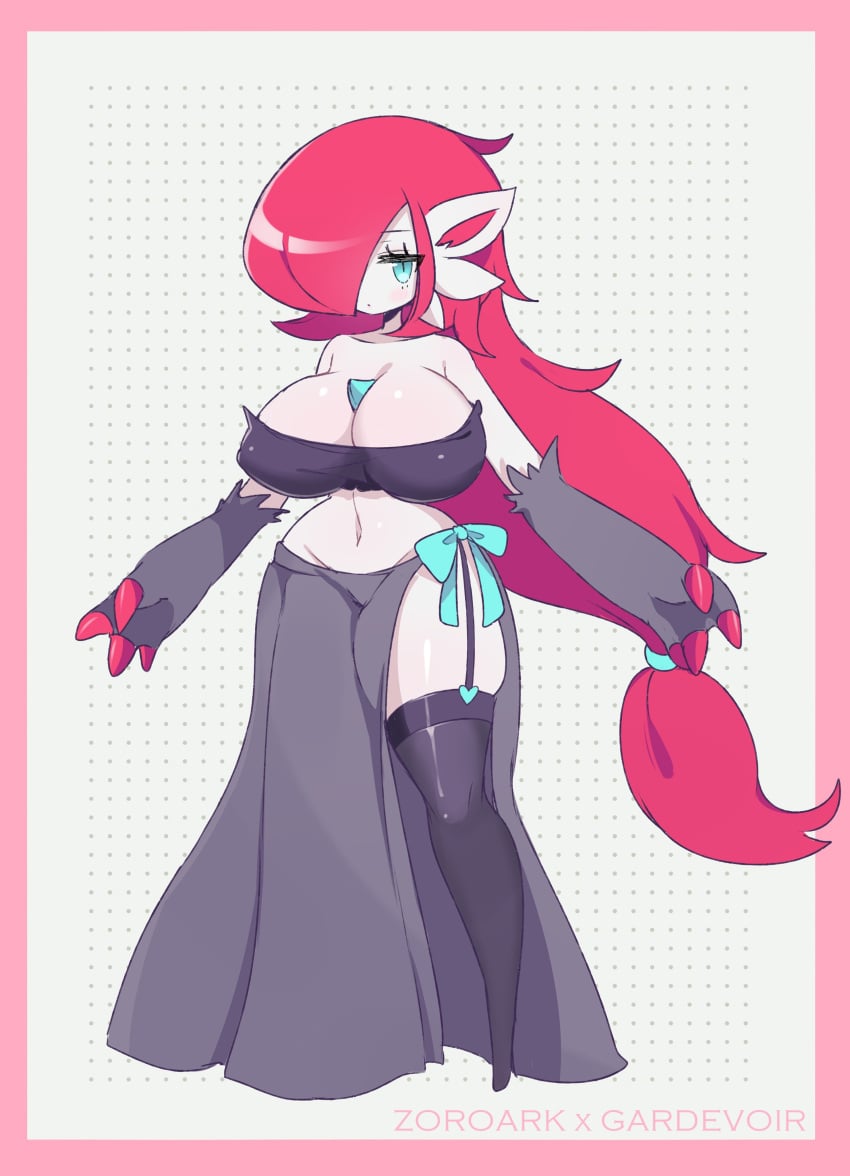 alternate_color blue_eyes clarevoir cosplay_gardevoir dusk_(psyke) gardevoir hybrid nub_feet pokemon pokemon_(species) pokemon_hybrid red_hair skindentation stockings zoroark