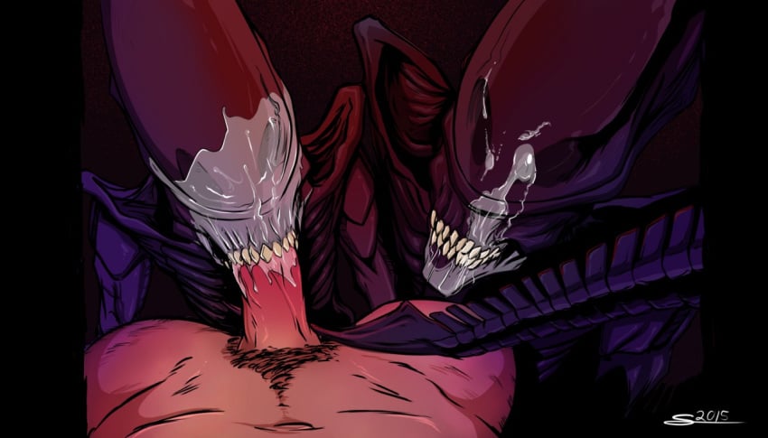 alien alien_(franchise) cum cum_in_mouth cumshot fellatio male_xenomorph oral oral_sex ssn_inc xenomorph yaoi