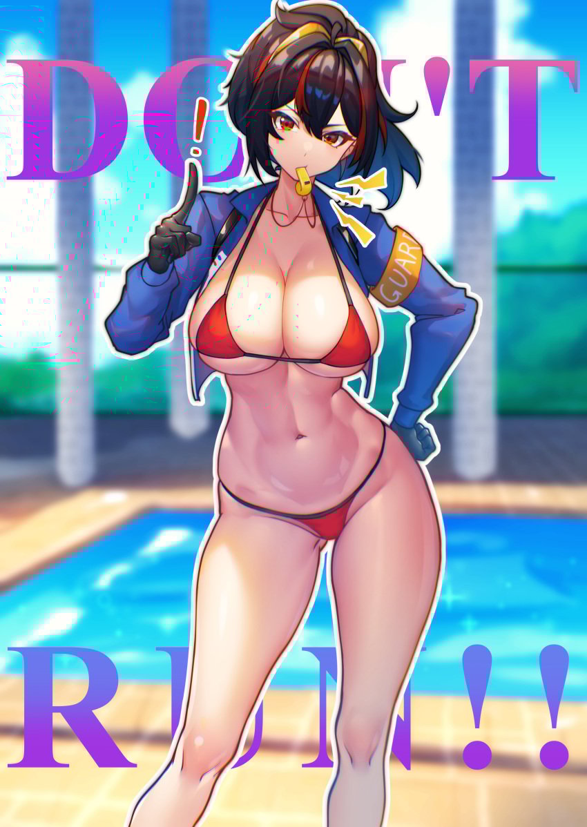 ! 1girls abs absurdres bikini black_gloves black_hair blue_jacket blurry blurry_background contrapposto english_text feet_out_of_frame female gloves highres jacket looking_at_viewer multicolored_hair nicchi outline pointing pointing_up ponytail poolside red_bikini red_eyes red_hair sidelocks solo streaked_hair swimsuit whistle whistle_around_neck whistling white_outline zenless_zone_zero zhu_yuan