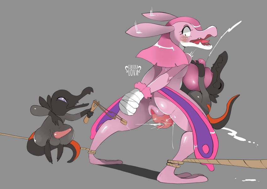 animal_genitalia anthro anthro_on_feral big_breasts bondage breasts cervikalova crossover cum cum_in_pussy cum_inside female feral genital_torture hi_res interspecies lactation lovander male open_mouth paizuri pal_(species) palworld penetration penis pokemon pokemon_(species) prolapse prolapsed_pussy pussy pussy_juice rape restrained salandit scalie scalie_female size_difference slingshot torture vaginal vaginal_only