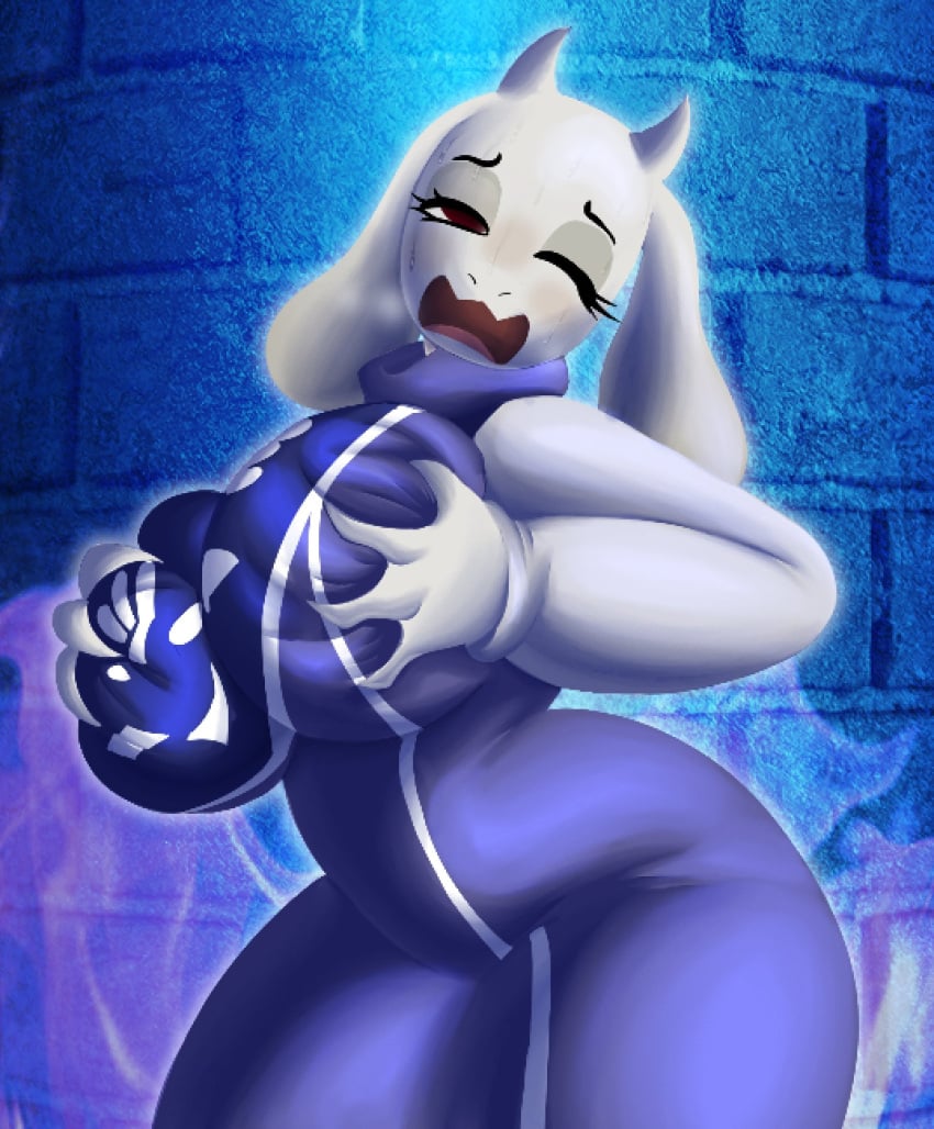 1girls animal_ears anthro big_breasts breasts brown_eyes chimpalicious dress female female_only fondling fondling_breast hands_on_breasts hips horns huge_breasts mature mature_female mature_woman milf mother one_eye_closed purple_dress self_fondle solo solo_female steam steamy_breath toriel undertale wide_hips