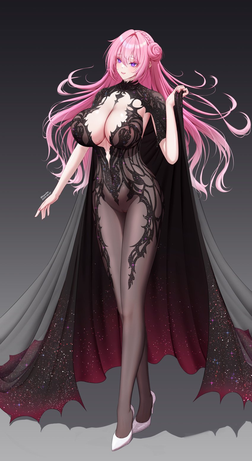 absurdres artist_name black_bodysuit black_cape bodysuit breasts cape center_opening chronopattern_dress cleavage dorothy_(nikke) dress eeyoosekedooaat female full_body glitter_dress goddess_of_victory:_nikke grey_background high_heels highres huge_breasts lipstick long_hair makeup meme_attire pink_hair pumps pussy shoes simple_background solo stiletto_heels white_shoes