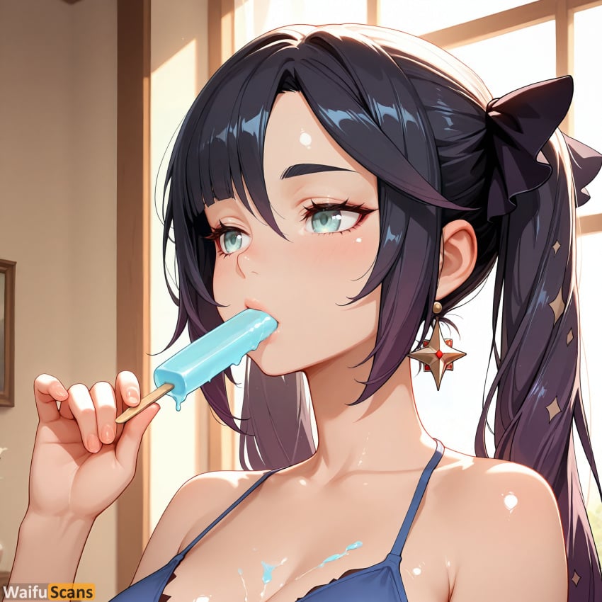 ai_generated aqua_eyes artist_name bangs bare_shoulders bikini black_hair blue_bikini blush breasts cleavage collarbone dripping earrings eating female food food_in_mouth genshin_impact green_eyes hair_ribbon high_resolution highres holding holding_food jewelry long_hair medium_breasts melting mona_(genshin_impact) popsicle ribbon sexually_suggestive shiny solo stable_diffusion swimsuit twintails upper_body waifuscans418