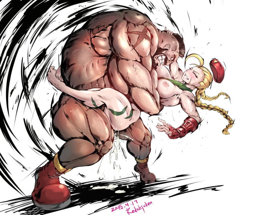 1boy 1girls artist_name blonde_hair blush breasts cammy_white closed_eyes cum female human large_breasts leg_lock male manhandling muscle nipples redchicken scar sex straight street_fighter vaginal_penetration zangief