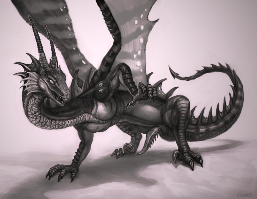 2015 azi_dahaka big_penis claws dragon erection feral horn klongi long_penis male male_only monochrome nude penis plain_background pose scales scalie sheath solo video_games western_dragon wings