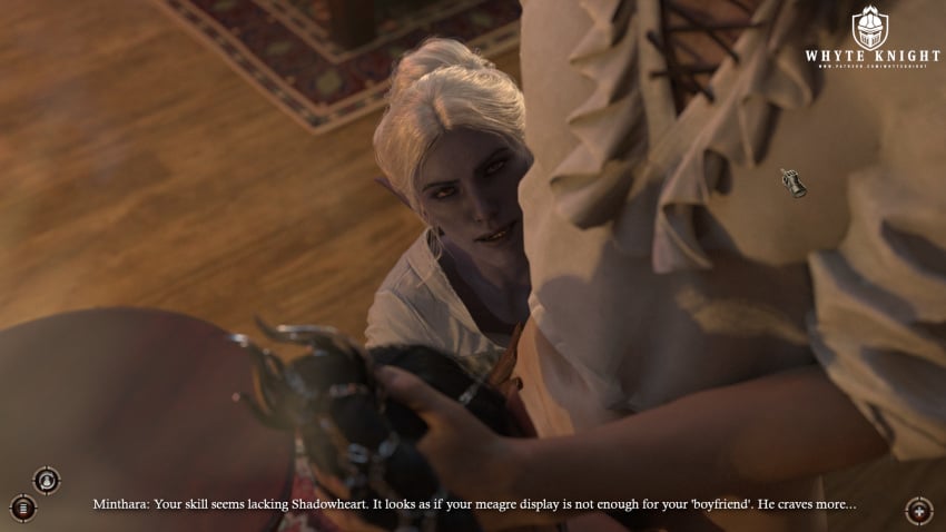 1boy 2girls 3d 3d_(artwork) baldur&#039;s_gate baldur&#039;s_gate_3 black_hair blowjob blowjob_face comic comic_page dark_elf drow dungeons_and_dragons elf_ears fantasy female half_elf handjob_while_sucking holding_head indoors kneeling long_hair male minthara pointy_ears ponytail purple_skin red_eyes seductive seductive_eyes seductive_smile shadowheart sitting tav_(baldur&#039;s_gate) the_witcher_(series) the_witcher_3:_wild_hunt video_game_character video_games white_hair whyte_knight