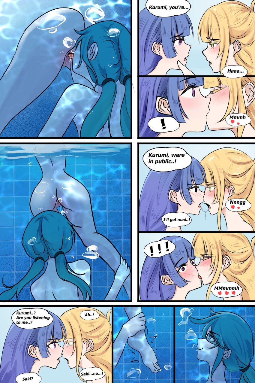 3girls air_bubbles blonde_hair blue_eyes blue_hair blush blush exposed_pussy female green_eyes kissing lesbian_kiss licking licking_pussy marima666_(artist) moan moaning pool purple_eyes pussy swimming_goggles swimming_pool underwater water