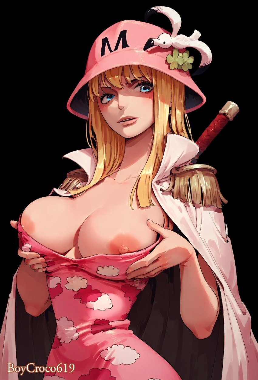 1girls big_breasts blonde_hair blue_eyes boycroco619 female female_only hat kujaku_(one_piece) nipple_slip nipples one_piece