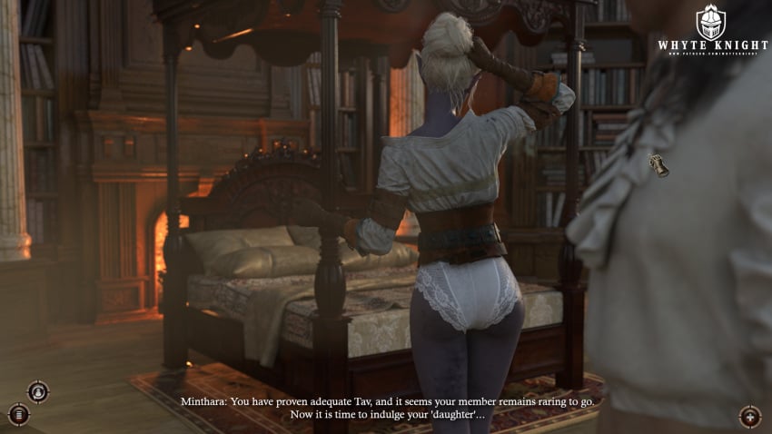 1boy 3d 3d_(artwork) baldur&#039;s_gate baldur&#039;s_gate_3 bed bedroom comic comic_page dark_elf drow dungeons_and_dragons elf_ears fantasy female indoors male minthara panties pointy_ears story story_in_picture tav_(baldur&#039;s_gate) text the_witcher_(series) the_witcher_3:_wild_hunt video_game_character video_games walking_away white_hair whyte_knight