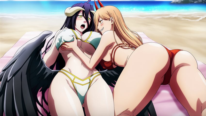 ai_art ai_generated albedo_(overlord) ass beach beach_towel bikini black_hair blush breasts chainsaw_man grabbing_another&#039;s_breast horns huge_ass huge_breasts long_hair moaning ocean orange_eyes orange_hair overlord_(maruyama) power_(chainsaw_man) red_bikini teasing waifuleak white_bikini wings yellow_eyes