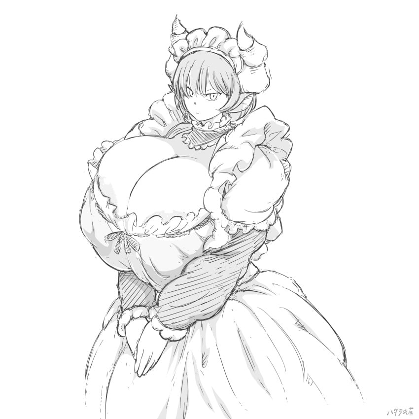 1futa 2d 2d_(artwork) big_breasts breasts clothed clothed_futa futa_focus futa_only futanari hataraki_ari horns huge_breasts intersex large_boobs large_breasts light-skinned_female light_skin maid maid_apron maid_headdress maid_outfit maid_uniform massive_breasts neutral_expression nipple_bulge nipple_slip prepared resting_bitch_face shimomo sketch solo solo_focus solo_futa standing voluptuous