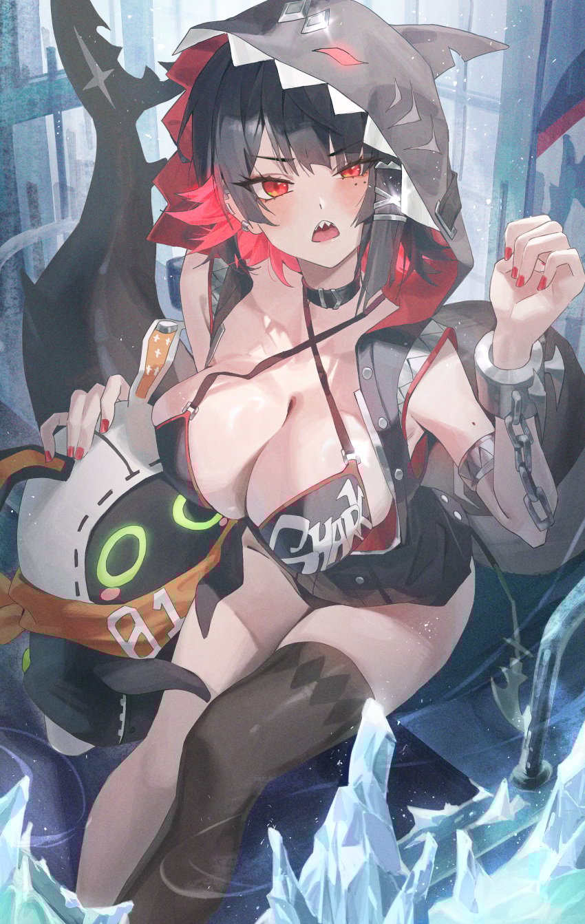1girls 1other absurdres animal_hood bangboo_(zenless_zone_zero) bikini black_bikini black_choker black_hair black_jacket black_thighhighs breasts choker cleavage colored_inner_hair ellen_joe eous_(zenless_zone_zero) female fins fish_tail highres hood hood_up hooded_jacket jacket large_breasts mole mole_under_eye multicolored_hair nail_polish netural red_eyes red_hair red_nails shark_girl shark_hood shark_tail sharp_teeth short_hair single_thighhigh sleeveless sleeveless_jacket swimsuit tail teeth thighhighs upper_teeth_only zenless_zone_zero