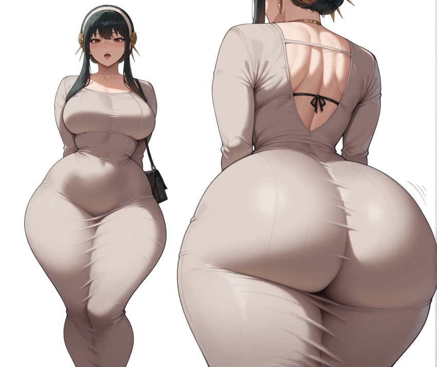 ai_generated asian asian_female back_view backboob bare_thighs big_ass big_butt black_hair bubble_butt fat_ass gigantic_ass gigantic_breasts hair_bun hairband huge_breasts huge_thighs light-skinned_female light_skin massive_ass massive_breasts mature_female milf pawg red_eyes shounen_jump+ smogai solo_female spy_x_family squatting sweat sweatdrop thick_body thick_female thick_thighs thighs voluptuous voluptuous_female yor_briar yor_forger