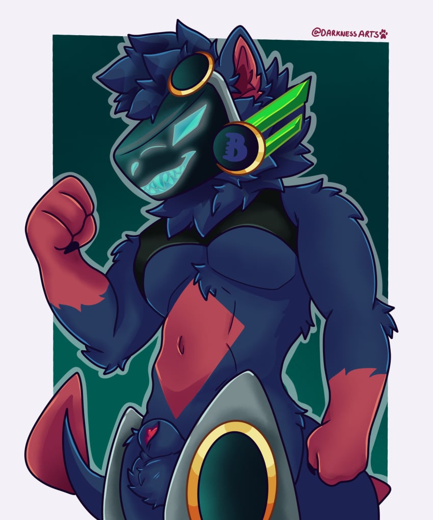 absurd_res animal_genitalia anthro athletic balls blue_body blue_fur canid canine darkness_arts fox_becket fur genitals hi_res looking_at_viewer machine male male_focus male_only mammal muscular pecs penis penis_tip protogen red_body red_fur sheath solo visor