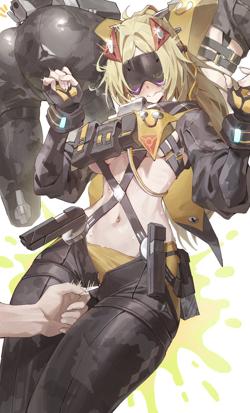 1girls ass big_ass big_breasts blonde_hair blush breasts clothing disembodied_hand female female_focus netural soldier thick_thighs trigger_(zenless_zone_zero) underboob visor wide_hips zenless_zone_zero zipper