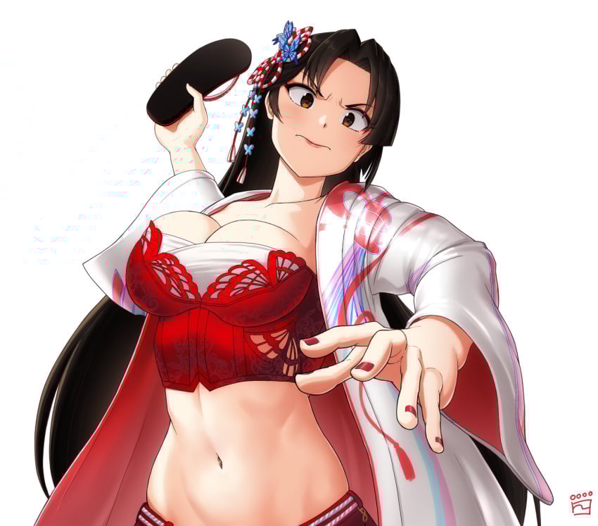 1girls alternate_costume angry black_hair breasts brown_eyes butterfly_hair_ornament cleavage clothed fatal_fury female finalcake fingernails hair_ornament haori holding_sandals king_of_fighters la_chanla large_breasts long_hair mai_shiranui mai_shiranui_(street_fighter_6) midriff nail_polish navel official_alternate_costume red_nails snk solo underbust white_background