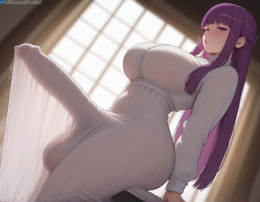 1futa ai_generated aiser0 balls big_ass blush erection fern_(sousou_no_frieren) futanari huge_breasts huge_cock indoors intersex large_breasts large_testicles long_dress looking_at_viewer penis precum see-through see-through_clothing sitting solo sousou_no_frieren sunlight testicles thick_thighs window