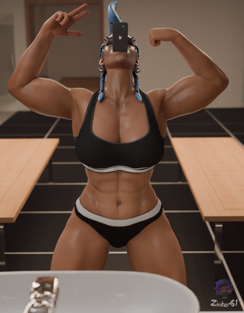 blue_hair changing_room flexing gym junker_queen muscles muscular overwatch overwatch_2 phone zinker