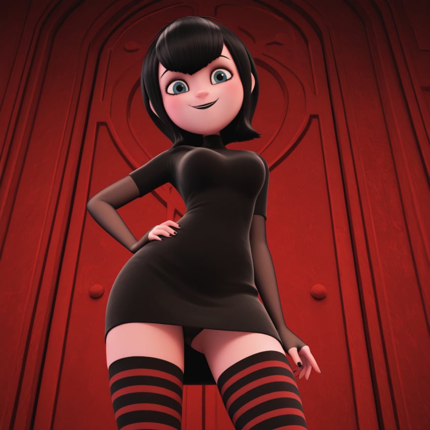 1girls ai_generated big_eyes black_hair black_lipstick black_nail_polish blue_eyes blush butts69420 covered_breasts eyelashes female from_below goth goth_girl hands_on_hips high_resolution highres hotel_transylvania illustrious_(stable_diffusion) looking_at_viewer mavis_dracula panties red_background sleeves smile stable_diffusion standing stockings thigh_gap thigh_highs thighhighs upskirt vampire vampire_girl white_skin