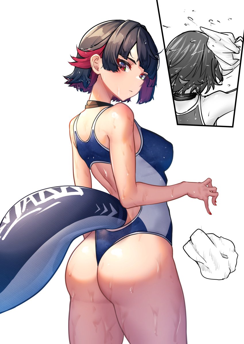 absurdres alternate_costume ass black_hair breasts closed_mouth colored_inner_hair commentary_request competition_swimsuit ellen_joe female fins fish_tail from_behind highres looking_at_viewer looking_back medium_breasts multicolored_hair nicchi one-piece_swimsuit red_eyes red_hair shark_girl shark_tail short_hair simple_background swimsuit tail wet wet_clothes wet_swimsuit white_background zenless_zone_zero