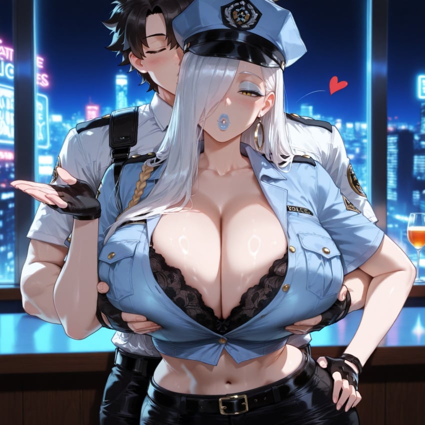 1boy 1girls absurd_res ai_generated blowing_kiss blue_lipstick breast_grab closed_eyes fate/grand_order fate_(series) female fingerless_gloves fujimaru_ritsuka_(male) grabbing_another&#039;s_breast grabbing_from_behind groping hair_over_one_eye happy huge_breasts indoors lace-trimmed_bra liu_(artist) male night omi-san_(fate) police police_hat police_uniform policewoman seductive seductive_look shiny_clothes smiling thick_thighs tight_clothes tight_clothing voluptuous voluptuous_female wide_hips