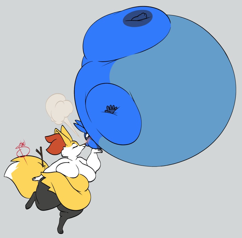 bbw big_breasts blow_kiss braixen breasts cleavage female furry huge_breasts inflation lucario overweight pokemon pokemon_(species) puff_kiss spherical_inflation sumisune thick_thighs wide_hips
