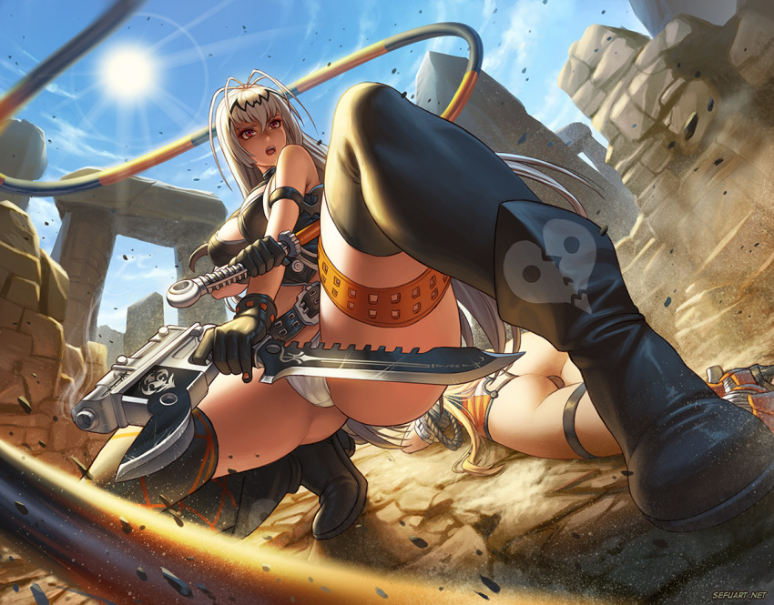 2girls alice_(queen's_gate) artist_name ass belt boots cameltoe cleavage defeated dual_wielding female grey_hair gun knife long_hair open_mouth outdoor panties queen's_blade queen's_gate red_eyes sefuart squatting sun thigh_strap thighhighs weapon whip